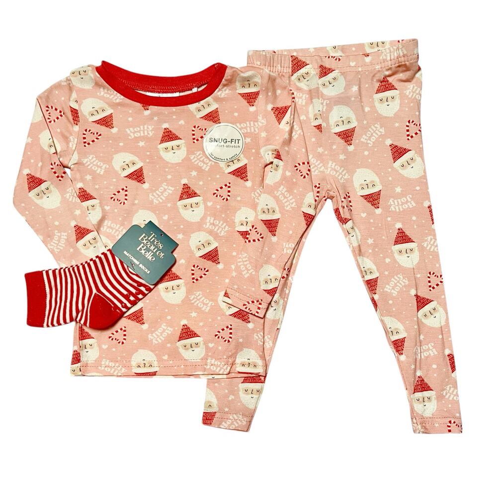 NWT Tres Beau et Belle Holiday Santa Bamboo PJ Set Size 12 months